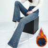 Winter Fleece Women's Flare Pants Retro Slim High Waist Elastic Cotton Thick Warm Denim Pants Korean Female Clothes