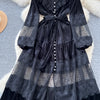 French Vintage Lace Embroidery Patchwork Velvet Dress Women Long Lantern Sleeve Pearl Buttons Lace Up Wedding Party Prom Vestido