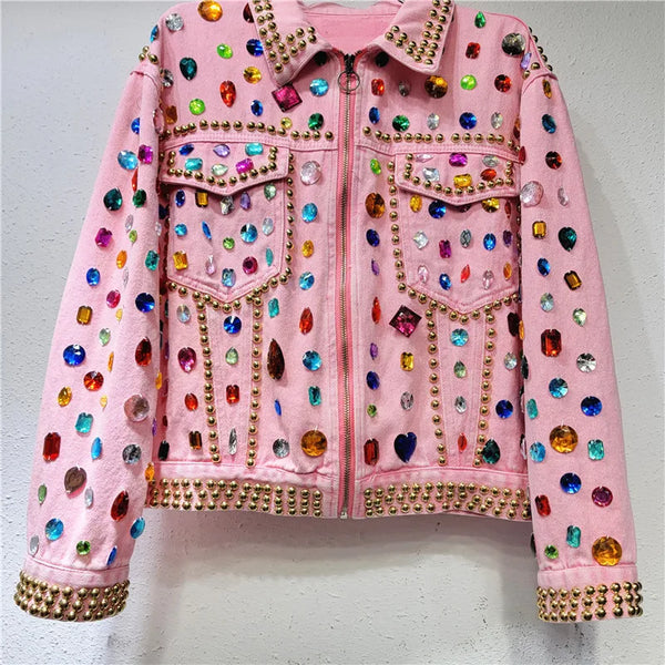 Long Sleeve Crystal Cowboy Rivets Tops Women Diamonds Beaded Pink Denim Coat Loose Rhinestones Jeans Jacket