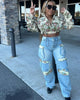 Washed Denim Women's Set Full Sleeve Floral Jacket and Pockets Cargo Jeans Pants Suit Street Two 2 Piece Set Outfit