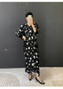 Balck Dot Printting Pleated Women's Dress V Collar Batwing Sleeve Mid-Length Mermaid Dresses 2DB6625