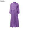 Women's Elegant Chic Maxi Dresses Turtleneck Lantern Sleeves Belted High Waist Pleated Long Dress Korean Style Robe Femme