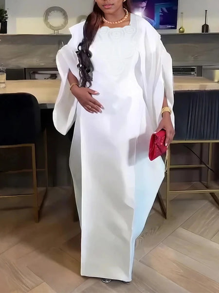 Women Modest Satin Embroidery Bubu Dress For Church Outfits African Traditional Long Loose Square Collar Batwing Sleeve