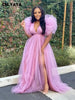 Women Cascading Ruffles Shoulder High Side Split Mesh Patchwork Maxi Long Dress sexy even Party Vestidos Dresses
