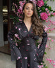 Autumn Elegant Printed Satin Long Dress Women Slim Lace Up V-neck Full Sleeve Pleat Dresses Lady Party Evening Robes
