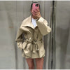 Belted Waist Cropped Trench Double Breasted Stand Collar Autumn Chic Elegant Women Coat Casual Vintage Office Lady Jacket