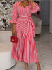Women Striped Three Quarter Sleeve V-neck Midi A-line Dress Birthday Vacation Streetwear Vestidos Dresses
