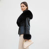 Black Faux Fur Collar Leather Jacket Elegant Lapel V-neck Waist Cinching Long-sleeved Short Coats Lady Winter Commute Coat