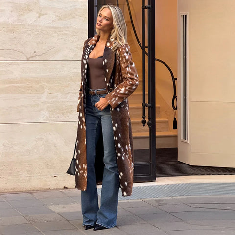 Vintage Deer Print Faux Fur Coat For Women Long Length Notched Lapel Double Breasted Oversized Warm Winter Streetwear Outerwear