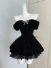 Autumn Vintage Elegant Y2K Velvet Off Shoulder Dress Bow Bodycon Mini A-line Women Evening Party Subculture Lolita