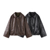 Vintage PU Leather Jacket Autumn Ladies Zipper Lapel Long Sleeve Pocket Coat With Belt Women's Loose Streetwear