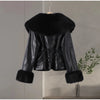 Black Faux Fur Collar Leather Jacket Elegant Lapel V-neck Waist Cinching Long-sleeved Short Coats Lady Winter Commute Coat
