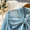 Retro Elegant V-neck ruffle lace-up pleated long sleeve A-line Casual High Waist Dress Women Autumn Dress