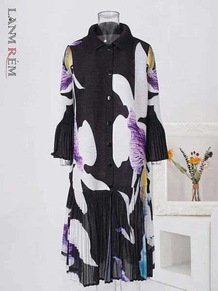 Pleated Print Dress For Women Lapel Single Breasted Loose Long Contrast Color Female Dresses 2DA4600