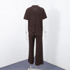 Brown V-Neck Knit Shirt Pants Set Women Solid Long Sleeve Top Empire Straight Loose Trousers Lady Spring Suit