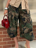Women's Camouflage Streetwear Cargo Capri Pants High Waist Wide Leg Pockets Baggy Cropped Trousers Bottoms