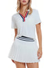 Women 2 Pieces Athletic Skirt Set Outfits V Neck Polo Shirts High Waisted Pleated Tennis Skirts Golf Pickball Dress