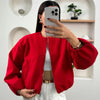 Women's Cropped Loose Jackets Red Grey Off White Black Outerwear Oversized Zip Up Long Sleeve Top Chic Bomber Baseball Coat