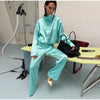 Shiny Stand Collar Short Jacket Women Puff Sleeve Drawstring Waist Cinching Pleated Jackets Autumn Causal Lady Outerwear