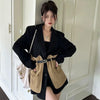Original Design Blazer Women Loose Spliced Pocket Korean Shrug Notched Single Breasted Blazer Mujer Femal with Belt