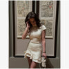 Solid Polka Dot Women's Mini Dress Deep V Neck Puff Sleeve Pleated Front Button A-line Short Dresses Elegant Party Lady Gown