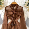 Retro Elegant V-neck ruffle lace-up pleated long sleeve A-line Casual High Waist Dress Women Autumn Dress