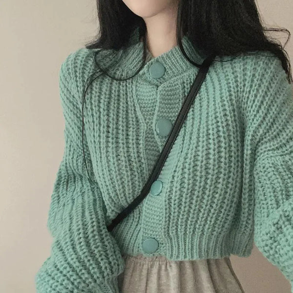 Fall Winter Short Knitted Cardigan Women Thicken Warm Single-Breasted Sweater Female Solid O-Neck Long Sleeve Knitwear Coat