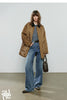 Women Cotton Jacket Winter Retro Diamond Grid Workwear Large Pocket Mid Length Jacket Brown