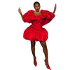 Red Puff Sleeve Mini Dress Women Sweetheart Neck Ruffle Trim Balloon Hem Bodycon Party Club Evening Cocktail Dress