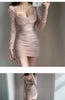 Sexy Style Low Vut V-neck Pleated Dress For Women Spring Autumn Slimming Buttocks Long Sleeved Pink Mini Hip Wrap Dresses