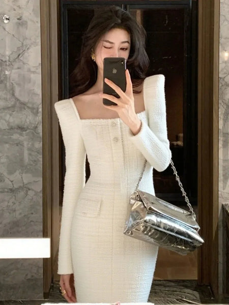 Sexy Square Collar Dress Women Tweed High End Autumn Elegant Slim Waist Long Sleeve Party Dresses Vestidos