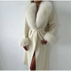 Retro Black Fur Patchwork Woolen Coat Women Chic Full Sleeve V-neck Lace Up Loose Long Overcoat Lady Winter Commute Outwear