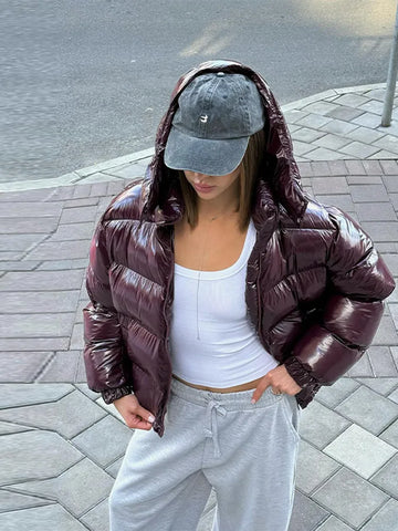 Chic Soild Cropped Quilted Jacket With Hood For Women Casual Zipper Pocket Oversized Warm Coat Lady Winter Street Outerwear