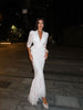 Women White Floral Print Maxi Dress V Neck Puff Sleeve Peplum Waist Fishtail Hem Chiffon Robe Elegant Party Wedding Guest Gown