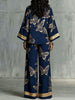 Women Butterfly Print 2 Piece Outfit Shirt Wide Leg Pants Set Golden Trim Lapel Zipper Solid Trousers Holiday Matching Suit