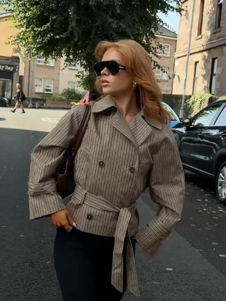 Women Casual Plaid Cropped Trench Coat Lapel Double Breasted Belted Waist Loose Long Sleeve Checkered Jacket Autumn Windbreaker