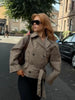 Women Casual Plaid Cropped Trench Coat Lapel Double Breasted Belted Waist Loose Long Sleeve Checkered Jacket Autumn Windbreaker