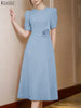 Elegant Chic Fabric Flower Womens Midi Dresses O-Neck Short Puff Sleeve Fitted Waist A-Line Dress S-3XL