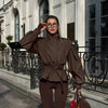 Solid Lace Up Short Trench Coat Lady Chic Stand Collar Wide Shoulder Full Sleeve Loose Coats Daily Casual Windbreaker