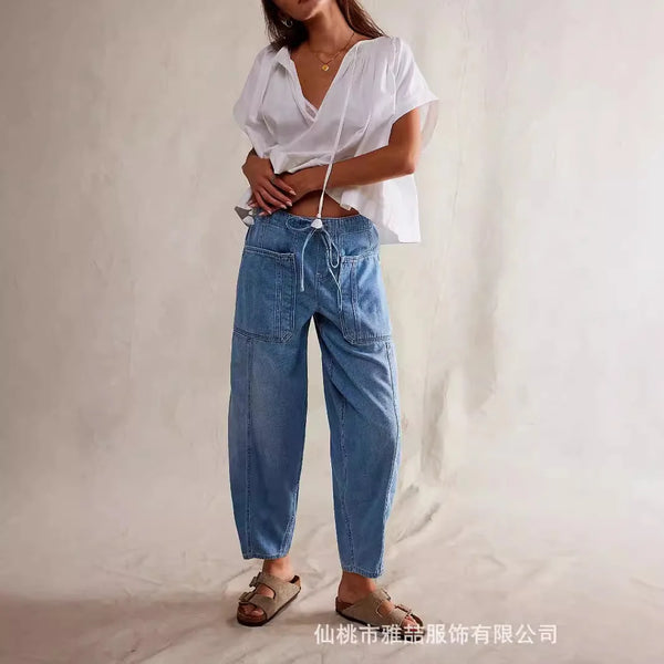 Casual Low Waist Straight Leg Jeans Women Four Seasons Loose Lace-up Tapered Pants Women's Streetwear Cargo Jeans