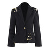 Chic Spliced Metal Pin Slimming Blazer for Women Notched Collar Long Sleeve Patchwork Mesh Hollow Out Jacket Female