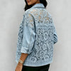 Women's See-Through Lace Patchwork Denim Jacket Casual Loose Button Up Jean Coat Long Sleeve Streetwear Outerwear Coat