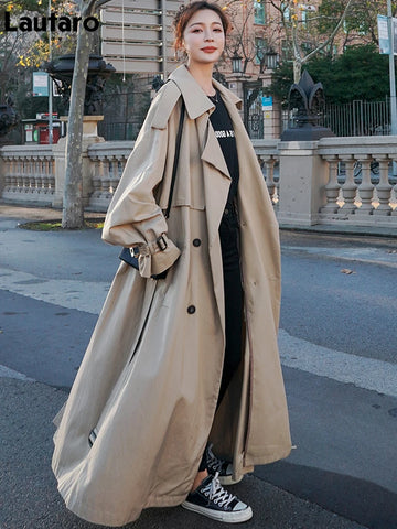 Spring Autumn Extra Long Flowy Oversized Casual Trench Coat for Women Belt Double Breasted Loose Korean