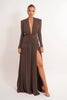 Women Glitter Maxi Evening Dress Deep V Neck Long Sleeve Ruched High Slit Formal Party Dress For Wedding Guest Prom