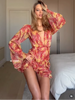 Sexy Floral Printed Mini Dress Women V-neck Flared Sleeve Waist Cinching Ruffle Bodycon Dresses Lady Party Vacation Gowns