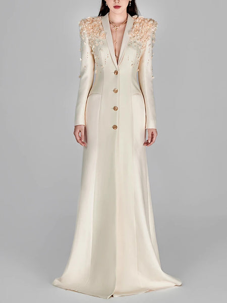 High Street Designer Maxi Dresses Women's Long Sleeve Flowers Appliques Beaded Long Dress