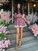 Loose Print Women Dress Elegant Lace-Up Long Sleeve Office Mini Dresses Casual Lace Spliced Pleated Female Dress
