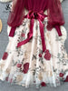 Senior Knitted Patchwork Dress Long Lantern Sleeves Bow Mesh Embroidery Floral Women Autumn France Elegant Party Dress