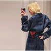 Heart Print Contrast Women Denim Two Piece Set Lapel Waist Cinched Cropped Jacket Wide Leg Jeans Outfit Woman Matching Set