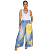 Women Fake Denim 3D floral Print Loose Wide Leg Jogger Pants Streetwear Active Hip Hop Sweatpants Trousers